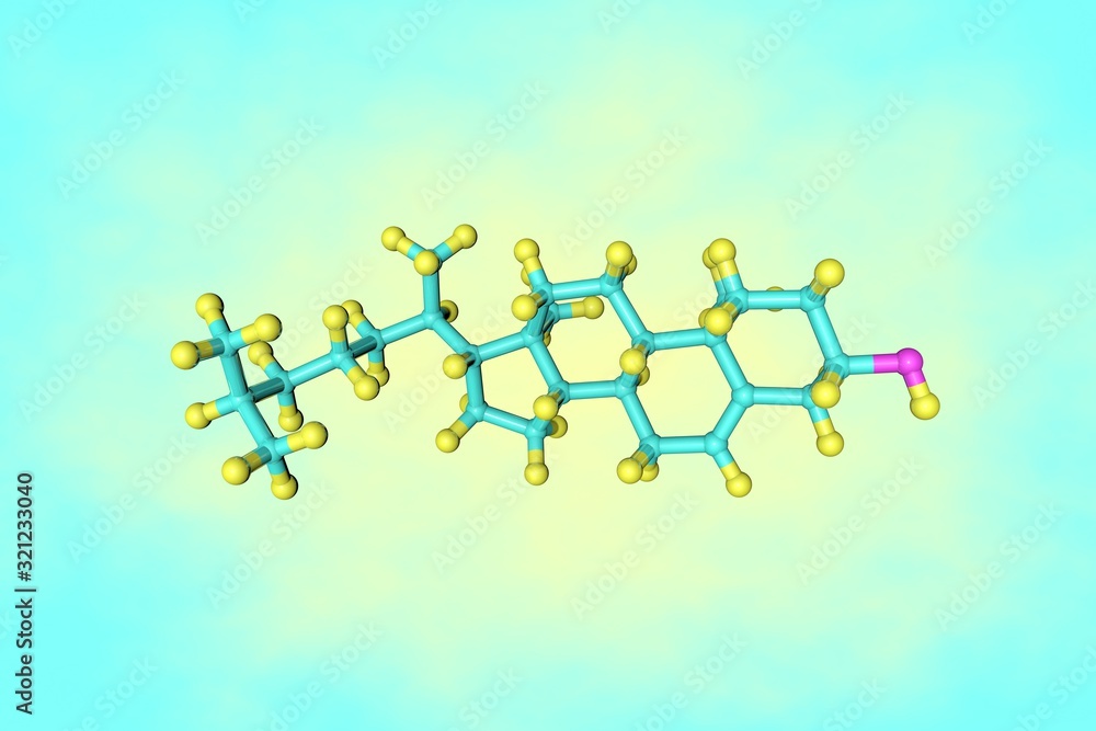 Cholesterol is an organic molecule, a sterol, a type of lipid. You need some cholesterol in your blood to build healthy cells. Healthy life concept. Scientific background. 3d illustration Cholesterol is an organic molecule, a sterol, a type of lipid. You need some cholesterol in your blood to build healthy cells. Healthy life concept. Scientific background. 3d illustration