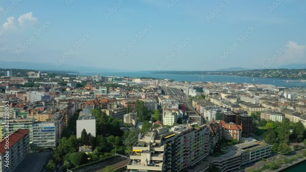 geneva city summer day train station district lakeside aerial panorama 4k switzerland geneva city summer day train station district lakeside aerial panorama 4k switzerland