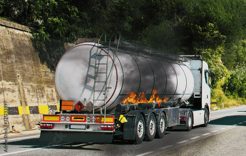 Fuel truck in flames. Danger of explosion. Dangers that may occur to cars carrying fuel. Image with a fire