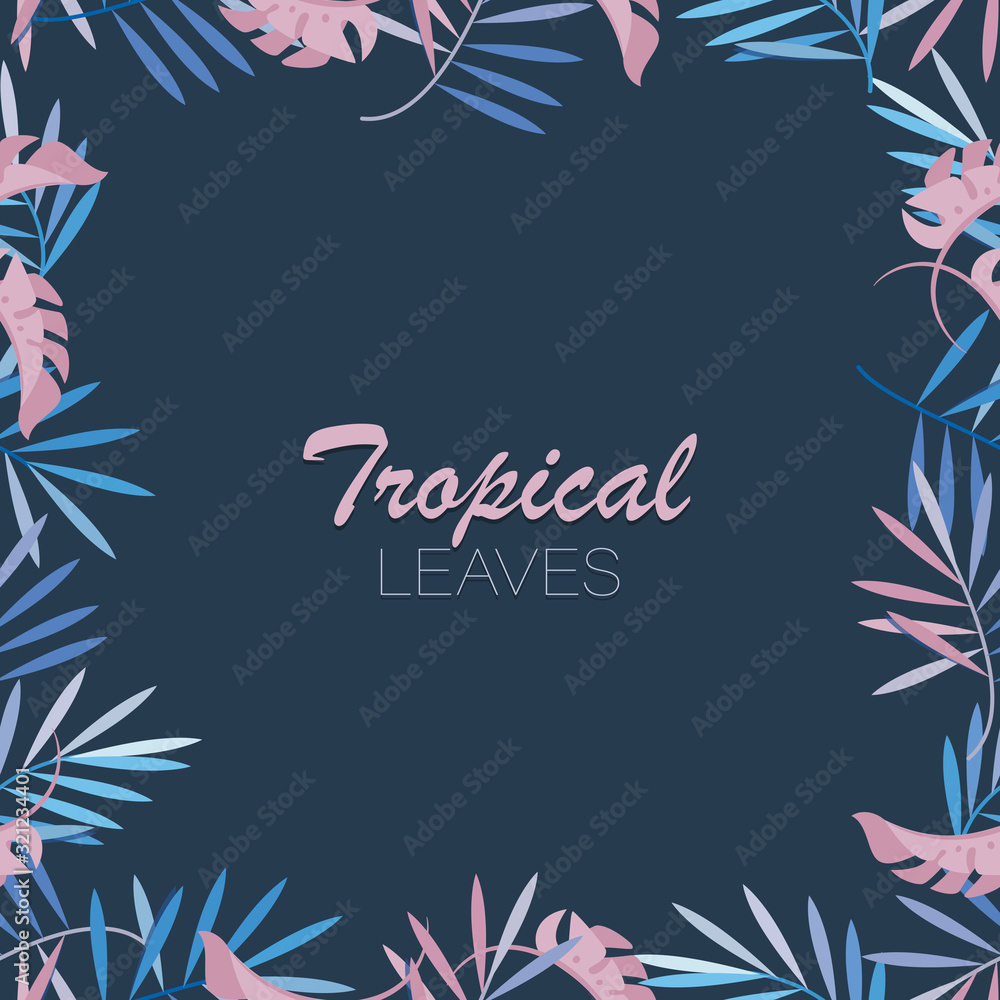 Obraz premium Tropical leaves background. Monstera, palm leaves. Vector border, frame. Tropical plants isolated on blue background. Tropical leaves for print poster, card, sale.