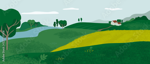 Panoramic Alpine landscape with green valley, houses and river. Rural scene with farmhouse, hills, meadows and fields. Vector illustration of farm, outdoor nature. Countryside background for flyer, ad