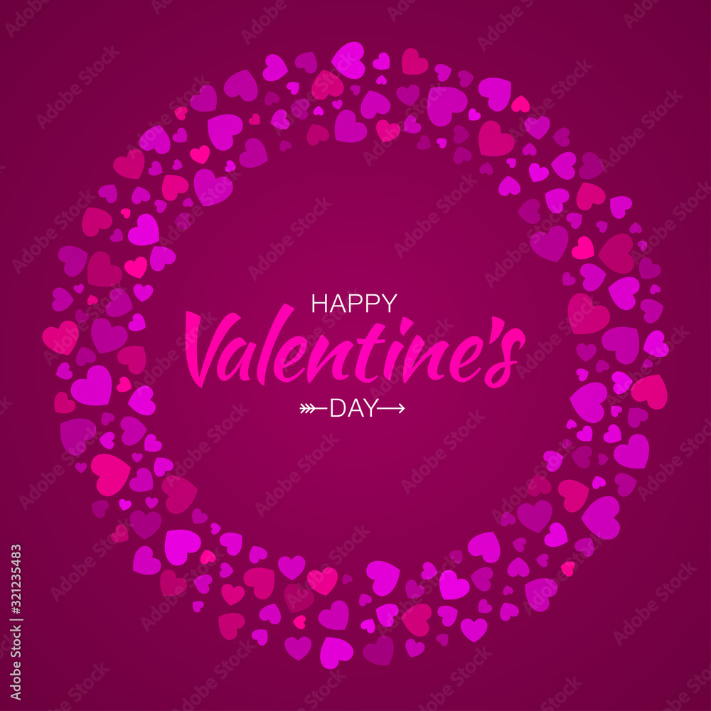 Abstract Colorful Pink Glow Hearts Circle Frame for Valentines Day Design Vector Illustration Card on  Purple Violet  Background. Wedding Invitation Card. Happy Valentine's Day Lettering with arrow. 