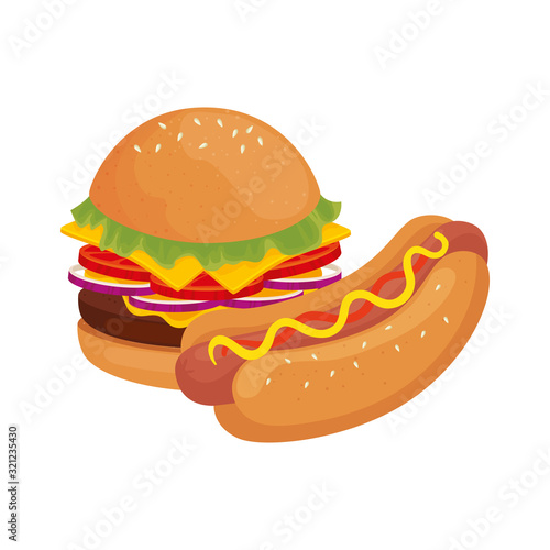 Fototapeta Naklejka Na Ścianę i Meble -  delicious burger with hot dog fast food icon vector illustration design
