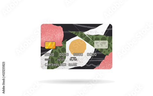 Credit card design cartoon colorful abstract isolated on white background. Creative collage cute printable creative template with floral elements, grunge texture and leopard pattern, hand draw style