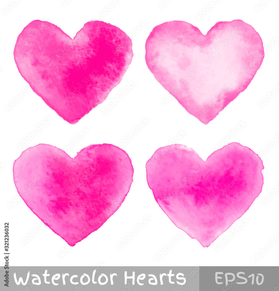 Set of Pink Watercolor Hearts. Vector illustration