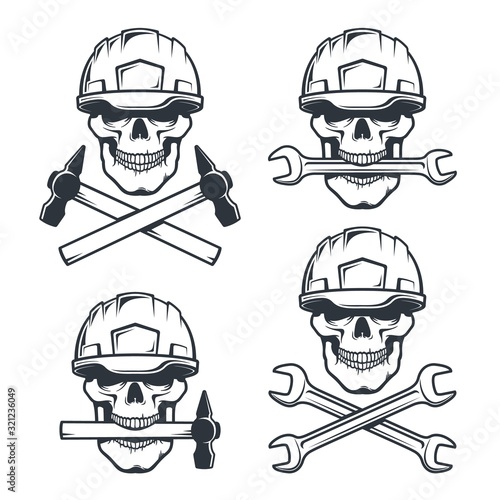 Skull mechanic in hard hat with wrench. Skeleton repairman in helmet with hammer. Vintage logo vector illustration.