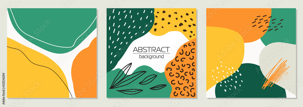 Naklejka premium Creative trendy set of backgrounds with hand drawn abstract shapes and line art in vibrant colors