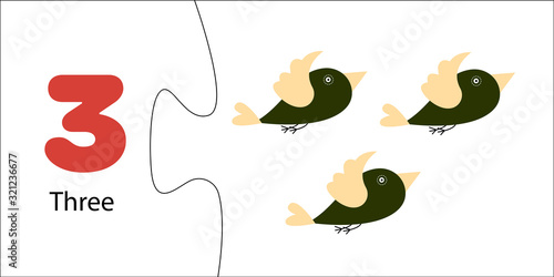 Number three and three cute birds on white background. Math puzzle for children. Educational card for preschoolers. Learning numbers, arithmetic