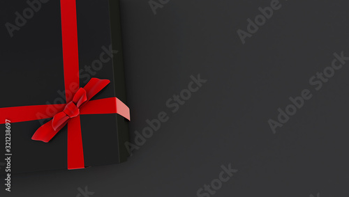 3d rendering of Black gift box with shiny red ribbons isolated on Black background, Holiday decoration element. Birthday or anniversary present