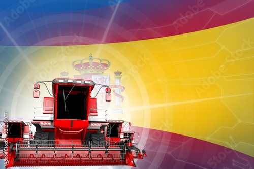 Farm machinery modernisation concept  red modern farm combine harvesters on Spain flag - digital industrial 3D illustration