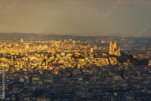 FEBRUARY 1, 2019 - PARIS, FRANCE: Panoramic aerial view over Paris at winter evening