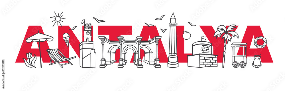 Naklejka premium Ilustracji wektorowych Symbole Antalya, Turcja. Wieża zegarowa, historyczna brama, minaret i inne tureckie zabytki z nazwą miasta. Projekt podróży do druku pamiątek i promocji wycieczek.