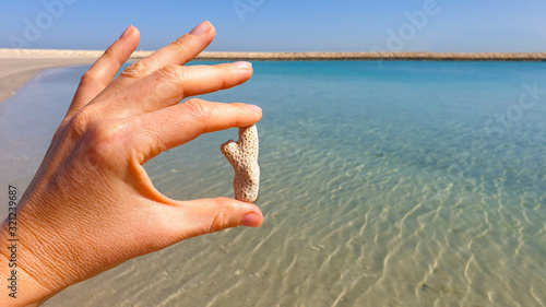 A piece of coral in hand on a background of blue sea. Tourism concept.