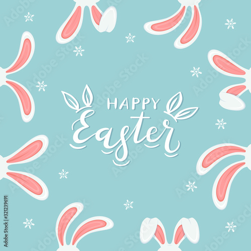 Blue Easter Background with Bunny Ears and Flowers