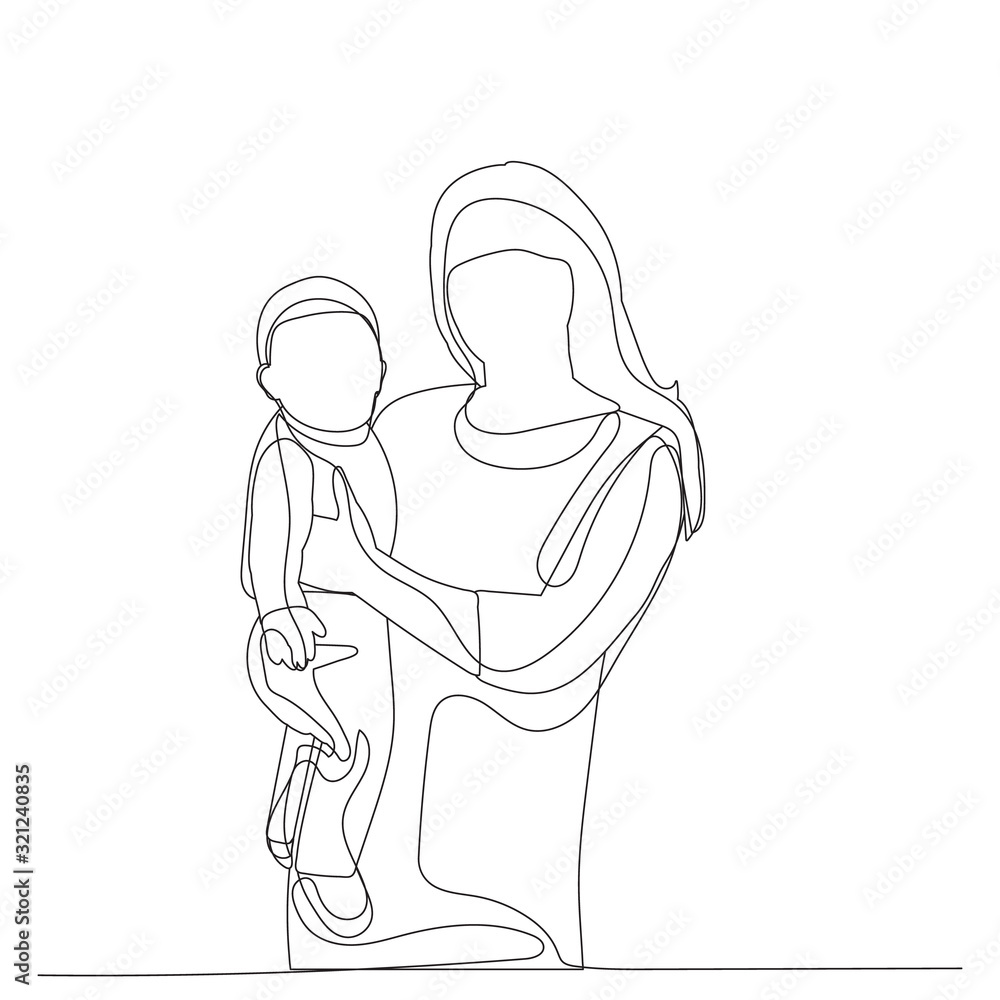 vector, isolated, single line drawing, mom and baby
