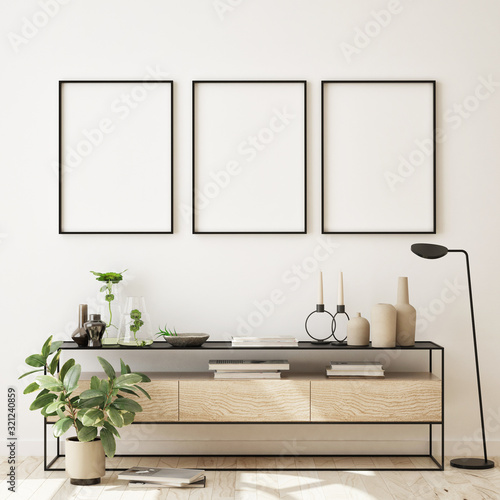 mock up poster frame in modern interior background, living room, Scandinavian style, 3D render, 3D illustration © mtlapcevic