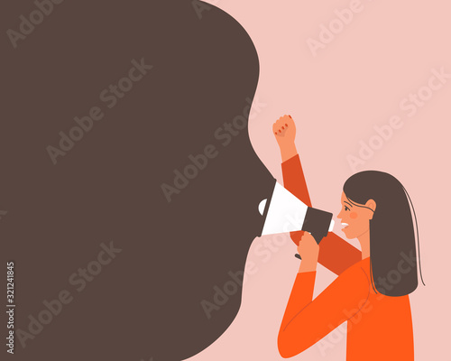 A woman makes an announcement in a megaphone. The concept of protest. Horizontal banner with place for text. Announcement business communication. Vector illustration flat.