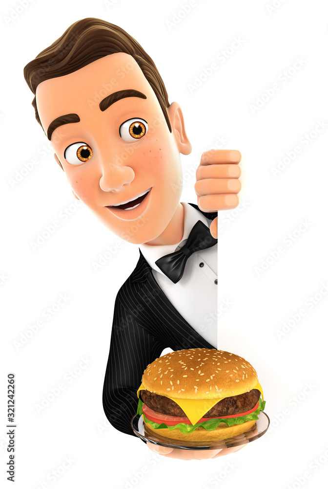 3d waiter behind left wall and holding plate with hamburger 3d waiter behind left wall and holding plate with hamburger