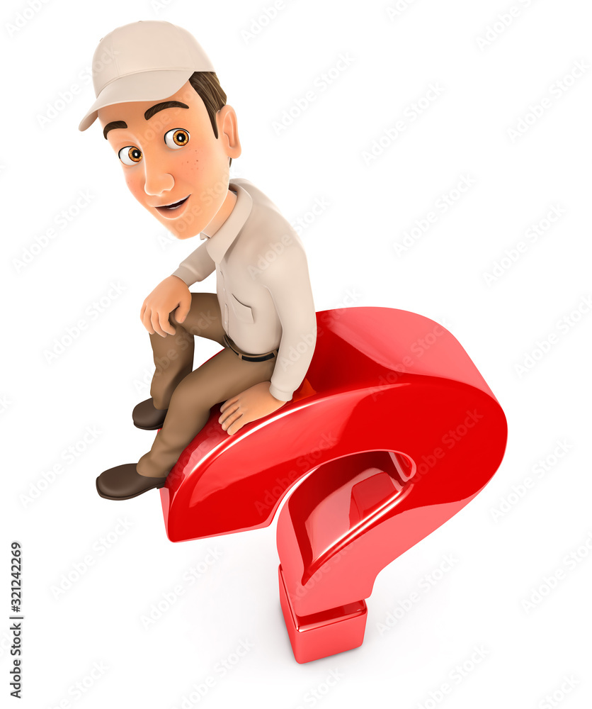 3d delivery man sitting on top of question mark 3d delivery man sitting on top of question mark
