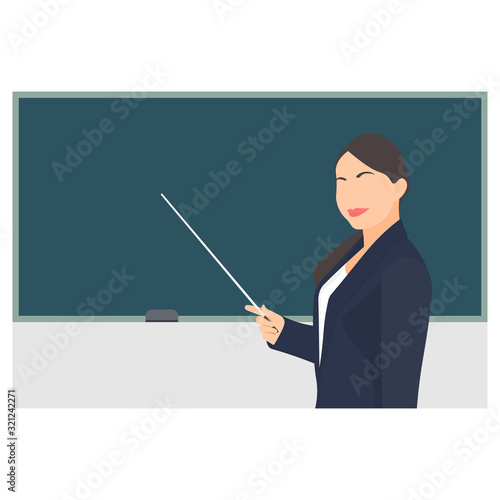 Smiling female professor holding a pointer with chalkboard background. Standing teacher teaching students and pointing at blackboard. Business management training presentation - Flat character vector.