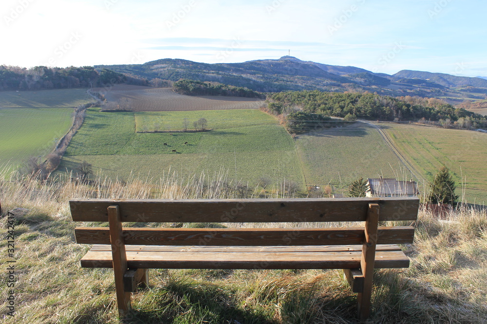 bench in front of a wild landscape