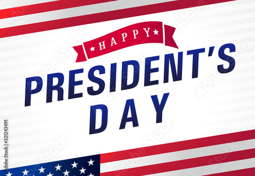 Happy Presidents day USA light stripes poster. Vote in USA 2020 banner design, patriotic background with flag. American holiday of President`s Day 17th February. Vector illustration