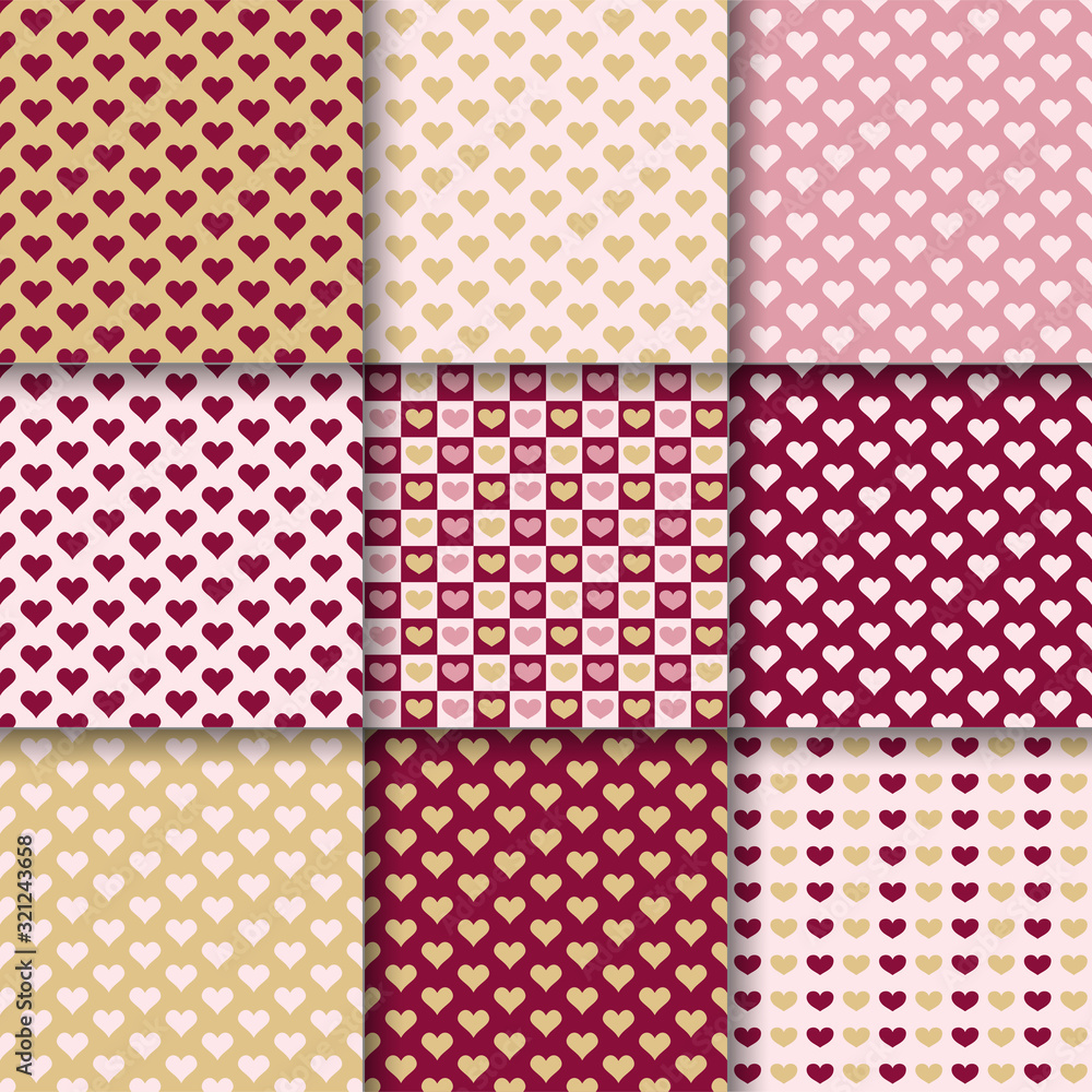 Gold and dark pink hearts. Vector seamless patterns. Gold and dark pink hearts. Vector seamless patterns.