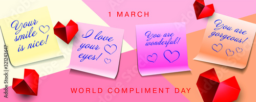 World compliment day design with multicolored sticker papers with compliments and paper origami hearts