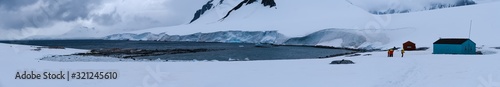 Argentinian cabin, overlooking a beautiful fjord, Damoy Point, near Port Lockroy, Antarctic Peninsula, Antarctica