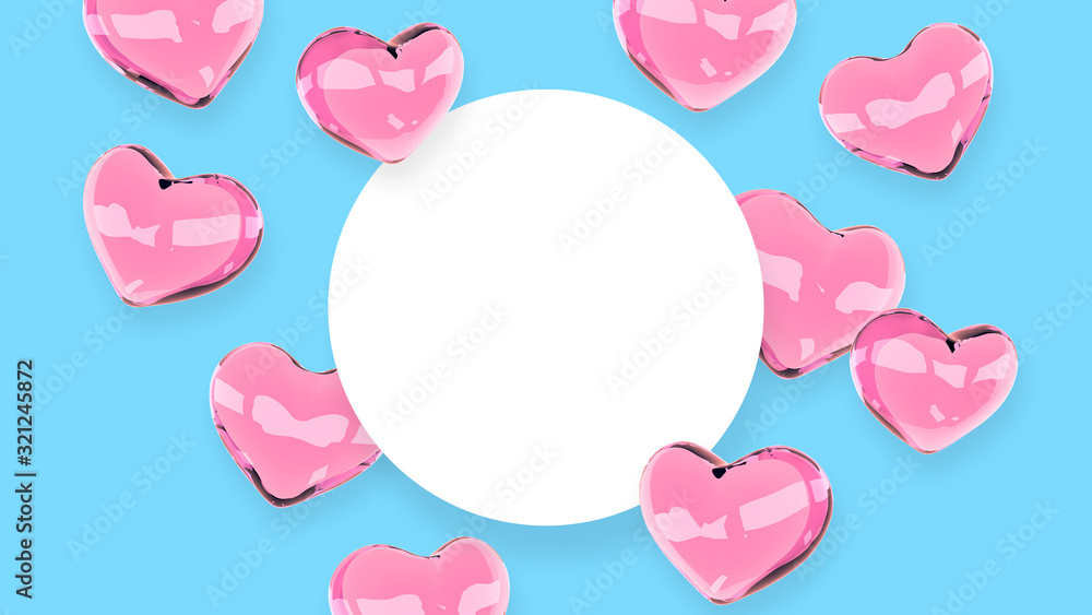 Hearts frame. Valentines day banner design with place for text. 3d illustration. Glass shiny 3d hearts. Love symbol wallpaper. Romantic poster. Hearts frame. Valentines day banner design with place for text. 3d illustration. Glass shiny 3d hearts. Love symbol wallpaper. Romantic poster.
