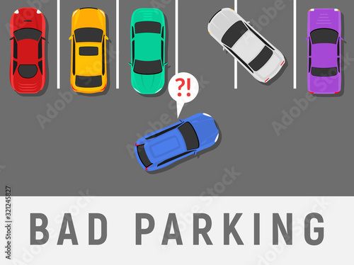 Bad parking car top view. Wrong parking area traffic road rules, flat vector car
