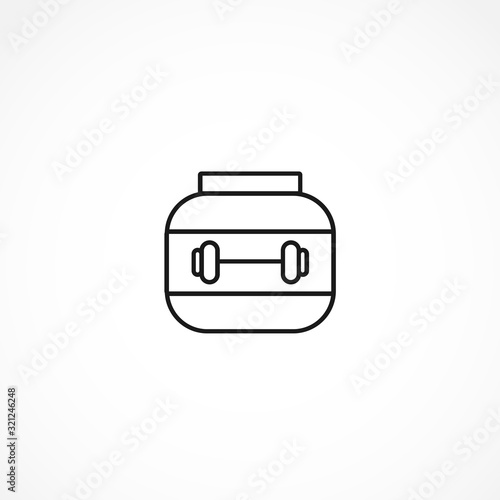 Protein powder jar. Bodybuilding food supplement vector line icon on white background