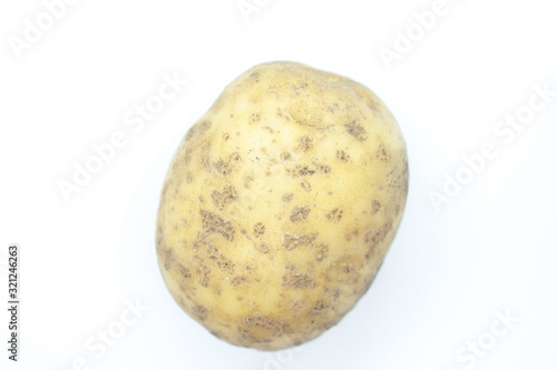 Potato tuber perched on a white background