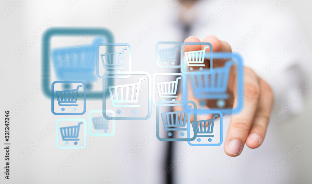 Businessman pressing modern technology panel shopping cart web phone credit card. Businessman pressing modern technology panel shopping cart web phone credit card.