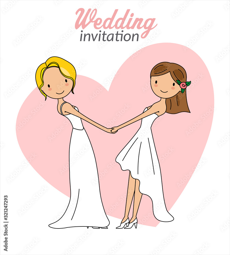 Gay marriage wedding invitation. Two women holding hands Gay marriage wedding invitation. Two women holding hands