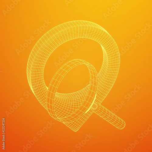 Location pin geo mark icon for travel with magnifying glass. Search path navigator concept. Wireframe low poly mesh vector illustration