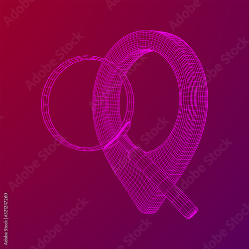 Location pin geo mark icon for travel with magnifying glass. Search path navigator concept. Wireframe low poly mesh vector illustration