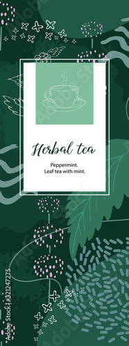 Green banner with leaves and flowers of peppermint. A cup drawn in one line.