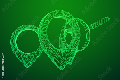 Location pin geo mark icon for travel with magnifying glass. Search path navigator concept. Wireframe low poly mesh vector illustration