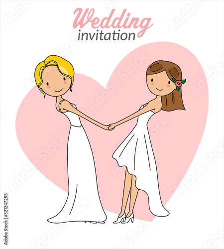 Gay marriage wedding invitation. Two women holding hands