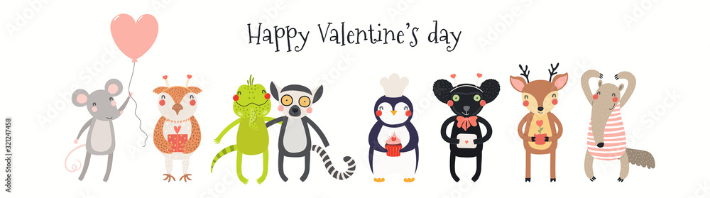 Hand drawn card, banner with cute animals, hearts, text Happy Valentines day. Vector illustration. Isolated on white . Scandinavian style flat design. Concept for kids holiday print, invite, gift tag. Hand drawn card, banner with cute animals, hearts, text Happy Valentines day. Vector illustration. Isolated on white . Scandinavian style flat design. Concept for kids holiday print, invite, gift tag.
