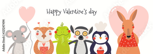 Hand drawn card, banner with cute animals, hearts, text Happy Valentines day. Vector illustration. Scandinavian style flat design. Concept for children holiday print, invite, gift tag.
