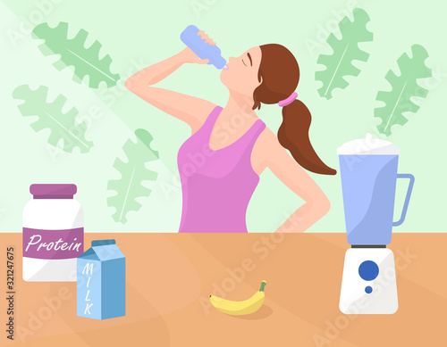 Woman preparing protein cocktail of bodybuilding food supplements. Woman making protein shake using blender.