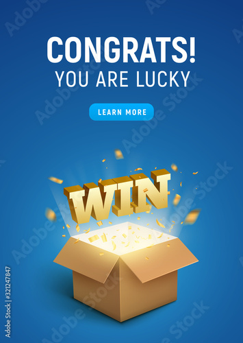 Gift prize box lottery WIN text. Magic box present for winner, enter contest reward. Congratulations