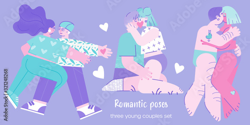 Young or teen couples hug, kiss, flirt and foreplay. Set of vector romantic poses for Valentine Day greeting cards, concept banners and stories, sex education brochure. Mint and lilac pastel palette