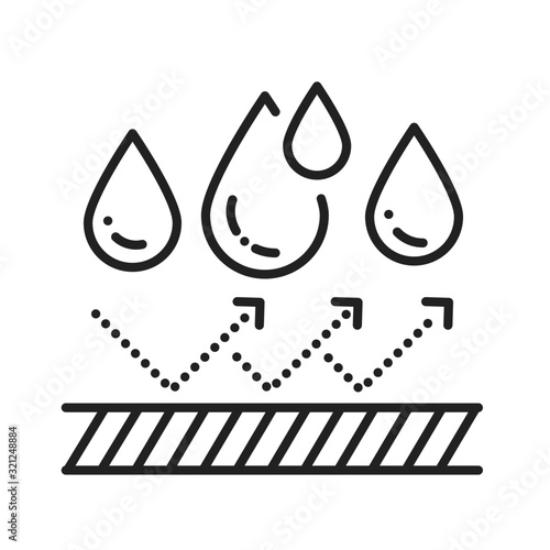 Waterproof black line icon. Water repellent technology concept. Pictogram for web page, mobile app, promo. UI UX GUI design element.