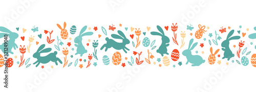 Cute hand drawn easter bunnies horizontal seamless pattern, easter doodle background, great for textiles, banners, wallpapers, wrapping - vector design