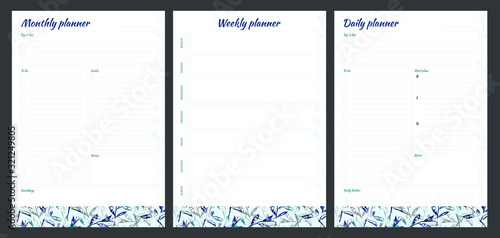 Set of planners with minimalistic floral design. Monthly, weekly, daily planner