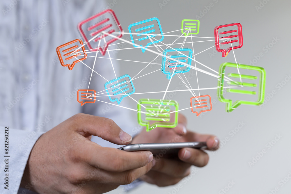 ilustration of a communication concept. The word communication with colorful dialog speech .