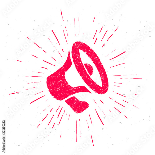 Vector Illustration Grunge Megaphone Icon. Red Vintage Drawing Speaker Sign.